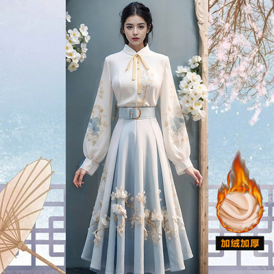 新中式国风禅意连衣裙套装女秋冬季小个子气质裙子今年流行两件套
