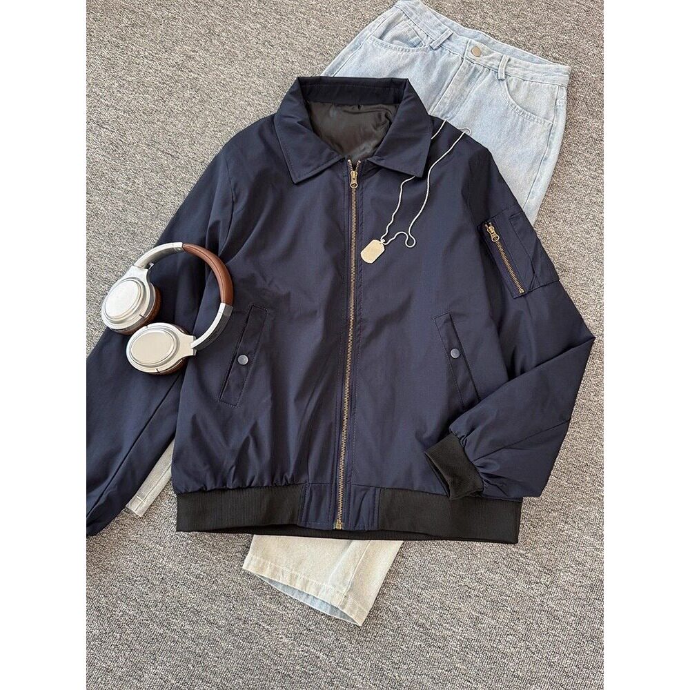 藏青色美式翻领棒球服夹克男生青少年街头cleanfit飞行员风衣外套