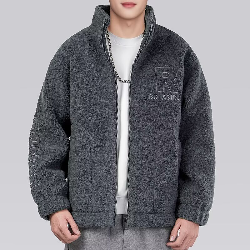 男生秋冬大码羊羔绒夹克保暖立领宽松外套男胖子毛呢大衣休闲外衣