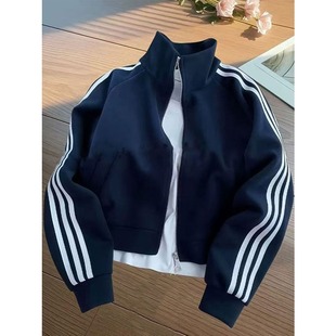 美式 立领棒球服春秋新款 高街风上衣 外套男女薄款 藏青色三条杠开衫