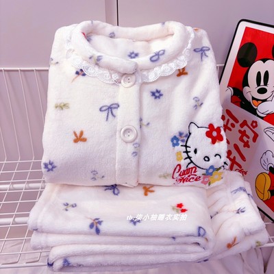 甜美kitty猫珊瑚绒儿童睡衣女童冬季保暖中大童加厚法兰绒家居服