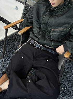 Anywayy白钻宝石双膝设计A字直筒版型珠帆布伐木裤