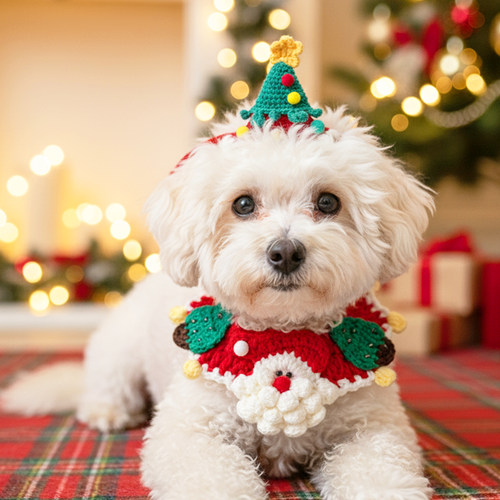 狗狗圣诞围脖项圈猫咪针织帽子饰品配套编织装饰露耳朵宠物口水巾