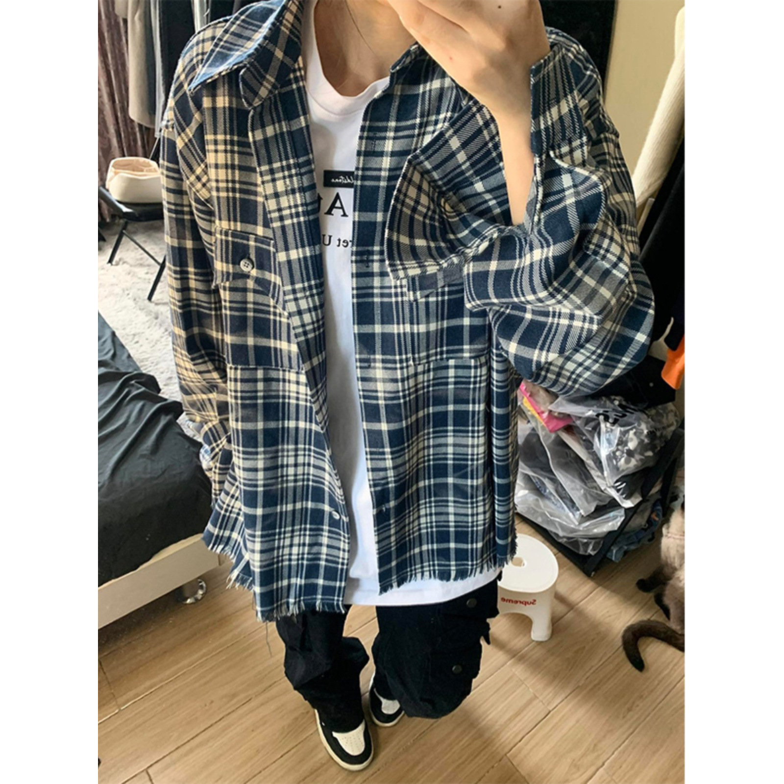 美式潮牌日晒做旧流苏破坏格纹衬衣女春夏季新款格子长袖衬衫