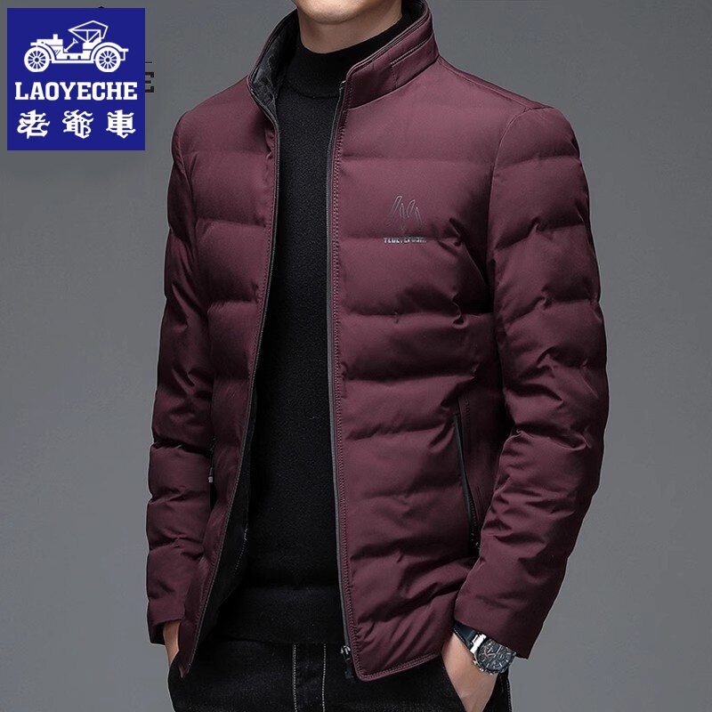 老爷车秋冬季红色羽绒服男款中年男士爸爸本命年短款轻薄立领外套