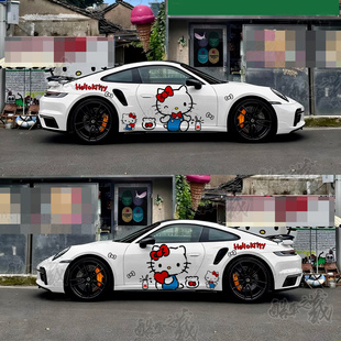 适用于保时捷911车贴Hello Y可爱车身贴纸拉花 Kitty特斯拉model3
