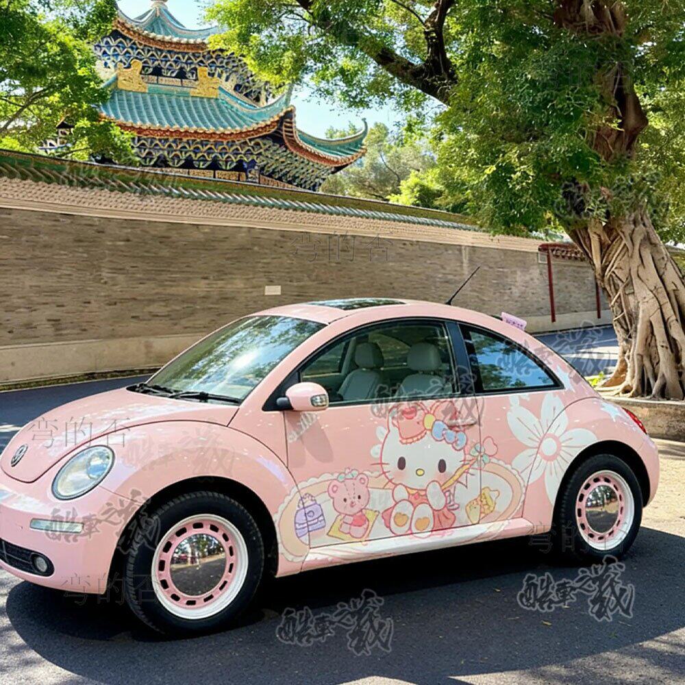适用大众甲壳虫车身HELLO KITTY贴纸粉KT猫创意可爱定制涂装车衣