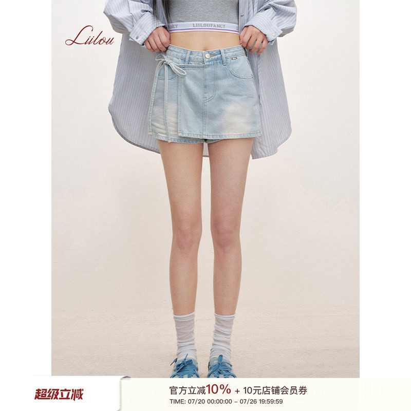 Liilou  retro jeans 蕾丝拼接口袋 不规则绑带搭片牛仔短裤