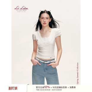 26ss 蕾丝花边短袖 Balletcore 双层袖 T恤 亲肤深V领修身 Liilou