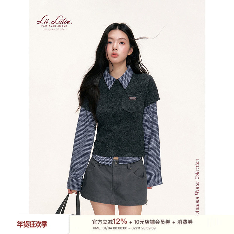 Liilou  高智淡人 真两件 复古学院格纹衬衫针织短袖套装,女装/女士精品,时尚套装,淘宝优惠券,粉丝福利购,淘宝优惠卷