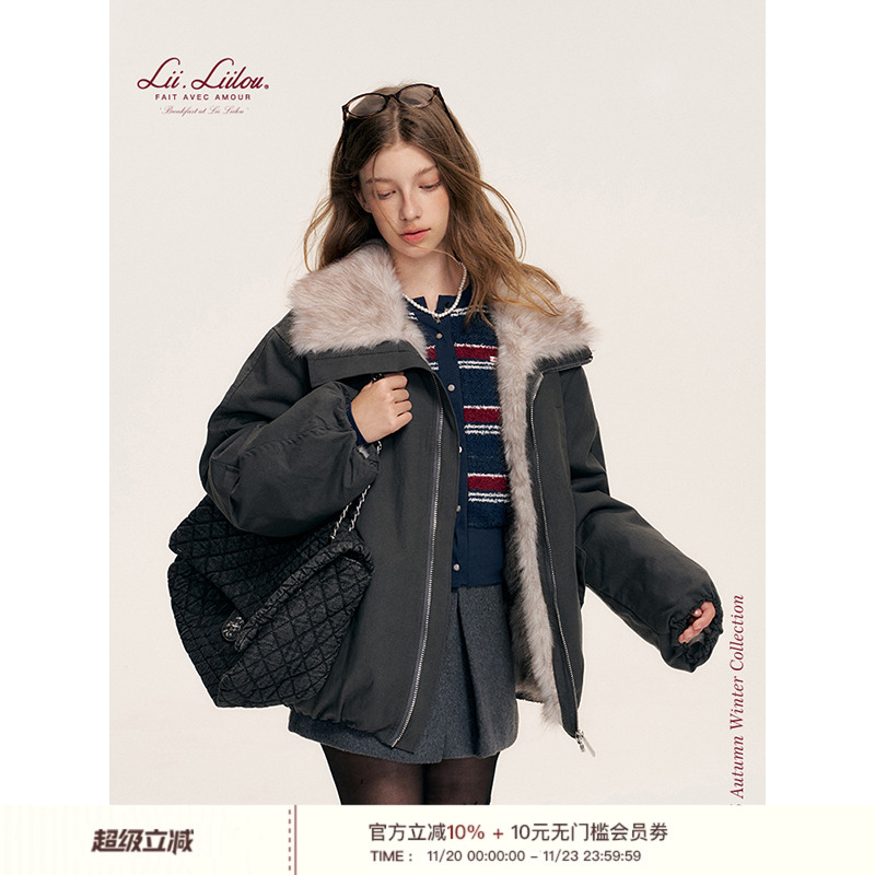 仿皮草大翻领派克服外套