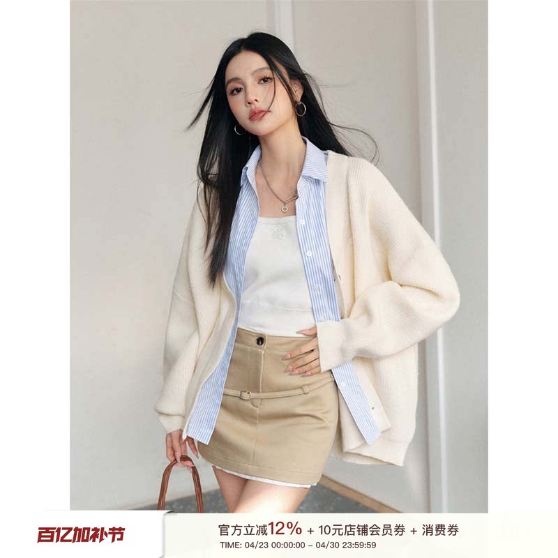 Liilou 24ss 松弛感拼接条纹衬衫软糯假两件针织毛衣开衫