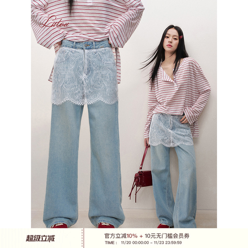 棉质阔腿假两件牛仔裤