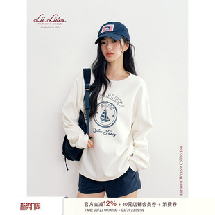 圆领暖芙绒宽松长袖 复古船帆图案 卫衣 Navycore Liilou