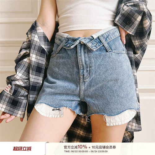 设计感薄夏牛仔短裤翻腰A字毛边