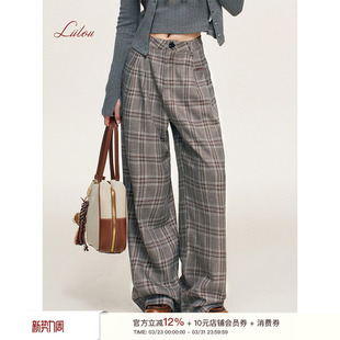 长裤 Liilou 高腰阔腿休闲西装 压褶设计 复古格纹