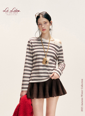 Liilou 26ss Merry Christmas 撞色毛绒条纹 斜肩宽松长袖T恤