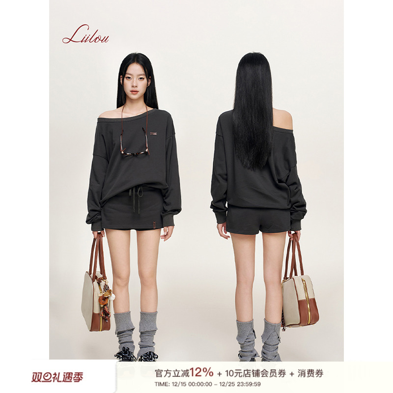 Liilou Athflow 斜肩领 宽松套头休闲长袖卫衣短裙裤套装