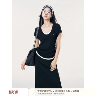 上衣春夏季 Liilou 撞色捏褶收腰针织短袖 假两件 内搭 慵懒舒适