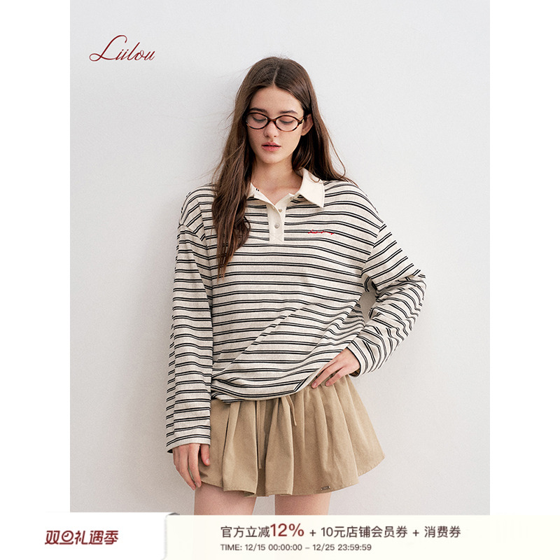 卢昱晓同款Liilou 25aw 撞色条纹 复古慵懒Polo领宽松长袖T恤