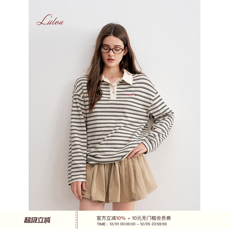 卢昱晓同款Liilou 25aw 撞色条纹 复古慵懒Polo领宽松长袖T恤