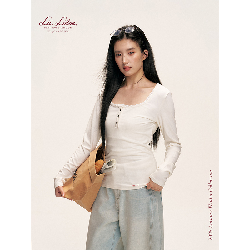 花边软糯磨毛加厚方领长袖打底