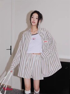 Liilou 翻领长袖竖条纹休闲宽松薄衬衫外套套装女夏套装