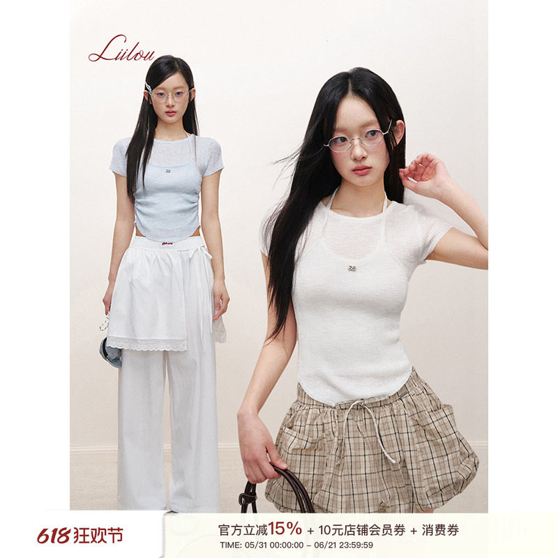 林允同款Liilou  竹节纱 挂脖绑带收腰短袖针织假两件