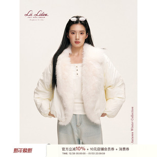 环保毛领拼接宽松白色羽绒服保暖外套 毛绒冬日 Liilou 25aw