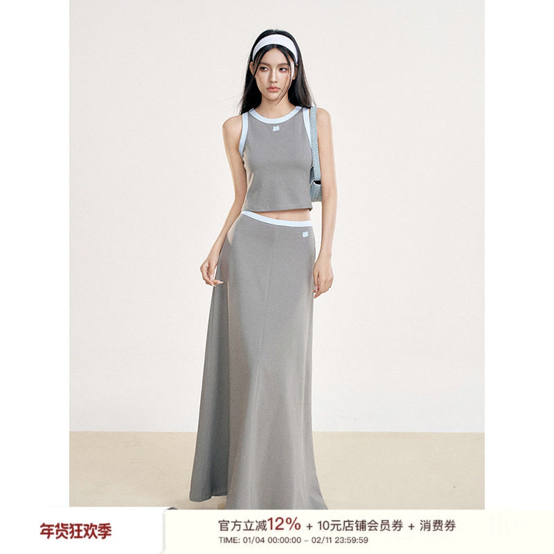 Liilou 松弛感 撞色设计镂空无袖背心A字长半裙套装,女装/女士精品,时尚套装,淘宝优惠券,粉丝福利购,淘宝优惠卷