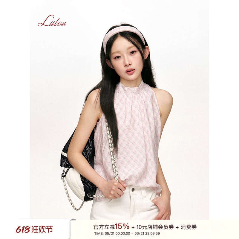 任敏同款 Liilou  洋裁格纹 法式蝴蝶结绑带挂脖粉色无袖背心上衣