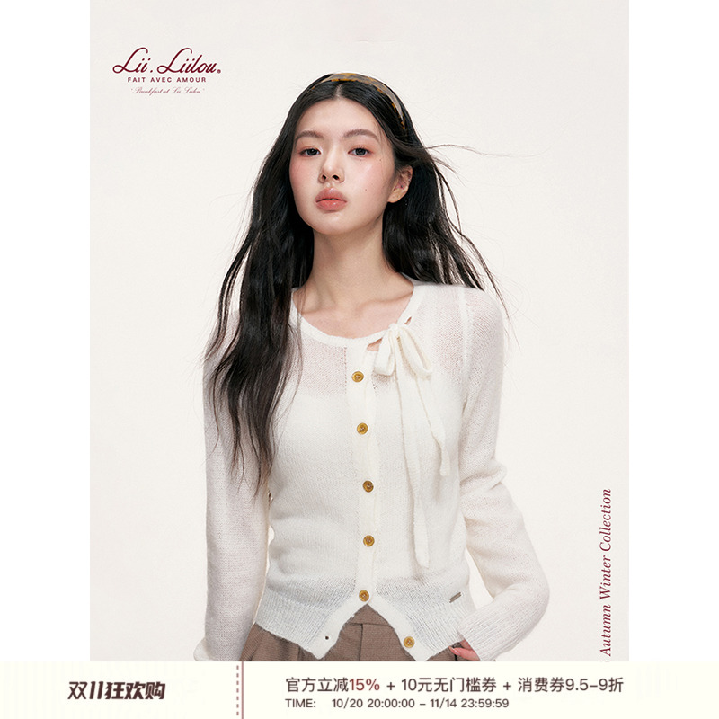 细马海毛蝴蝶结系带圆领针织长袖