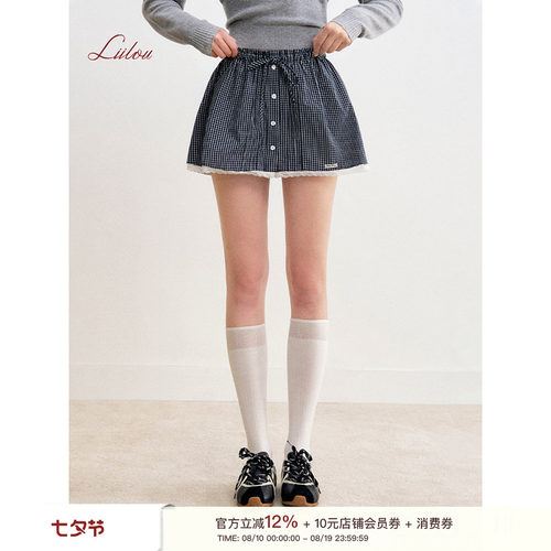 Liilou 100%棉 preppy style 蕾丝拼接 蕾丝拼接格纹A字半裙