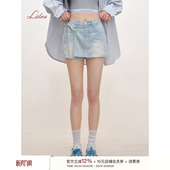 不规则绑带搭片牛仔短裤 Liilou 蕾丝拼接口袋 jeans retro
