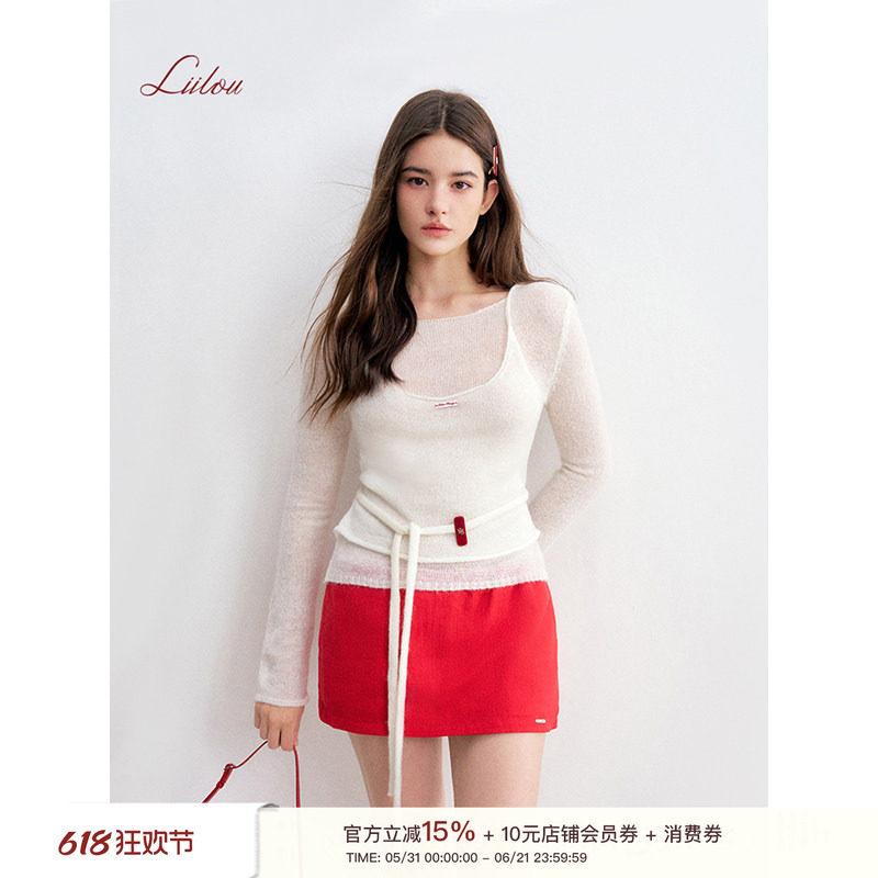 腰间绑带假两件针织上衣