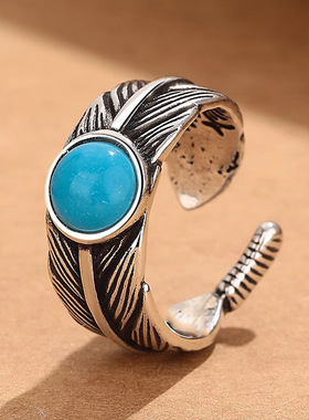 新款复古印第安蓝石羽毛男士戒指