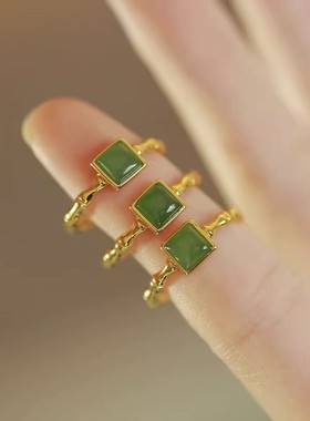 新中式落青竹绿色石头戒指女设计感时尚个性国潮方形戒指