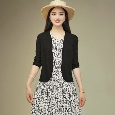 纯色配裙子小外套短袖冰丝螺纹开衫披肩吊带外搭夏季上衣空调衫女