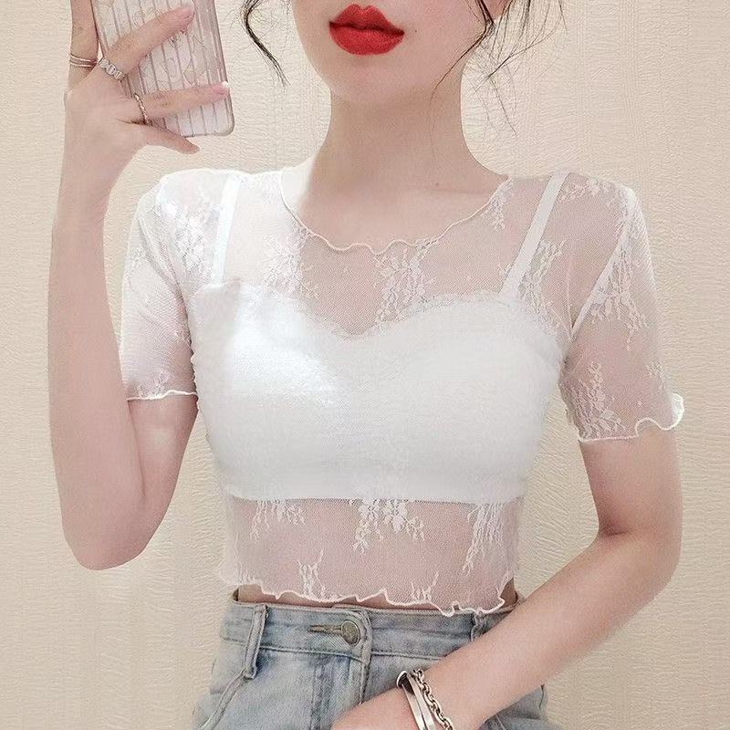 夏季透视网纱蕾丝短袖遮臂上衣