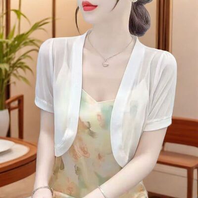 夏季冰丝网纱超薄短袖披肩女