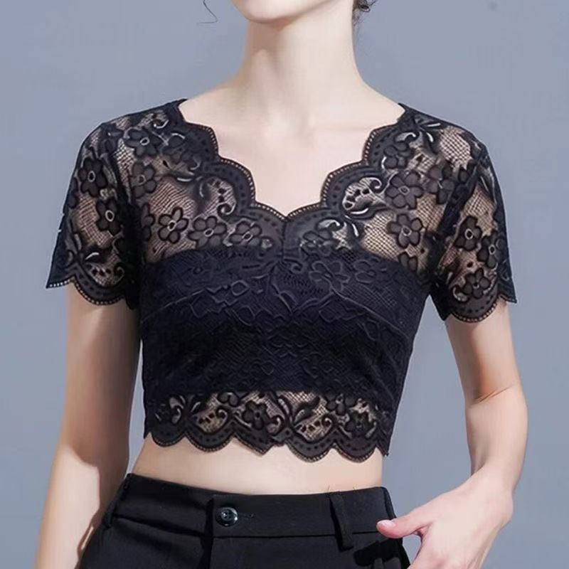 黑色镂空V领蕾丝短款显瘦上衣女