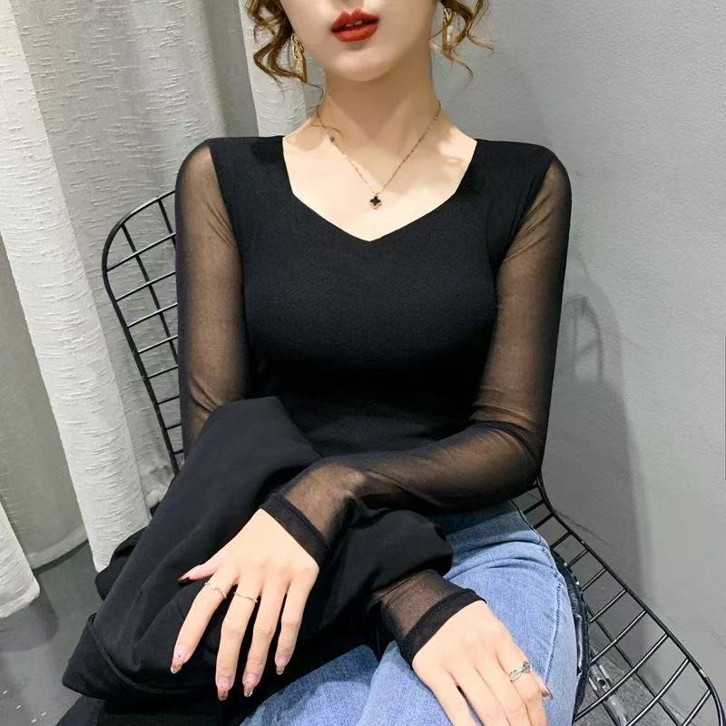 春秋网纱V领修身长袖打底衫女