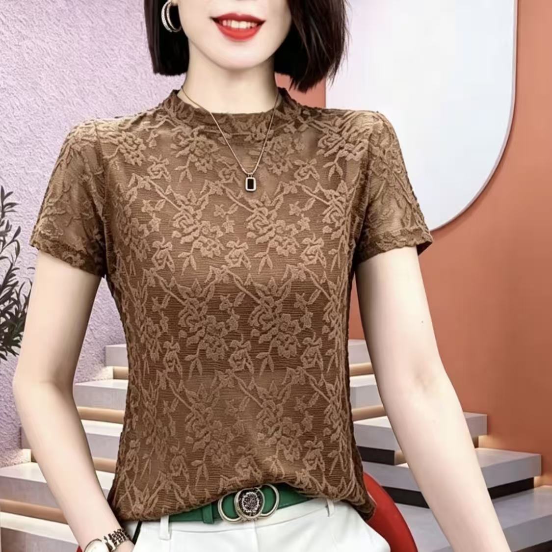 夏薄款网纱提花蕾丝显瘦T恤女