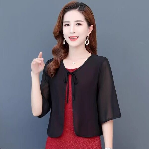 【气质显瘦黑色小披肩】夏季超轻薄凉快冰丝网纱小外搭系带披肩女