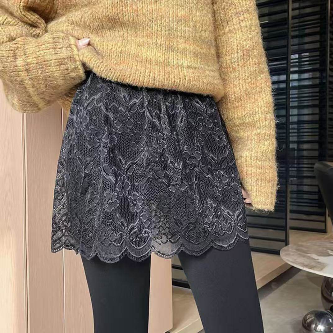 日韩森女系少女穿搭层次感精美蕾丝花朵叠穿屁帘打底遮臀帘洋气裙