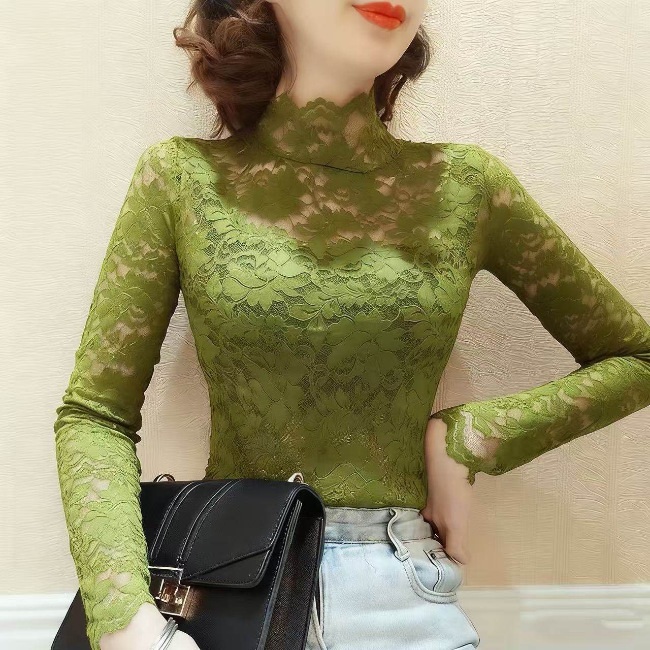新潮流抹茶绿蕾丝打底衫薄款镂空性感修身半高领内搭上衣长袖小衫,女装/女士精品,蕾丝衫/雪纺衫,淘宝优惠券,粉丝福利购,淘宝优惠卷