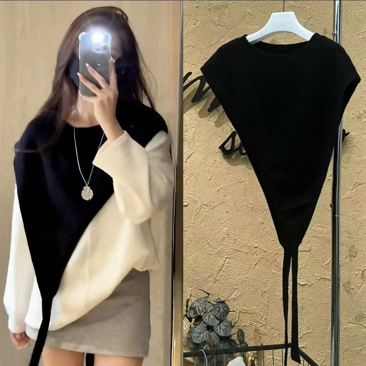 【时尚叠穿】高级感显瘦针织马甲不规则斜肩法式韩版罩衫短款披肩