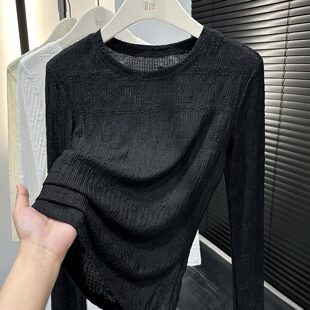 秋季圆领蕾丝打底衫长袖女士秋季薄款网纱修身显瘦百搭毛衣内搭