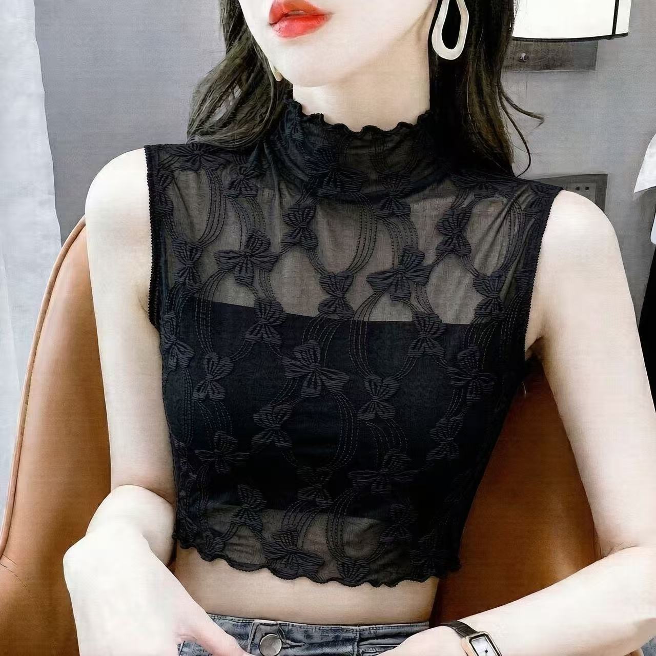 气质黑色蕾丝无袖打底衫女半高领网纱小衫秋冬氛围感叠穿西装内搭