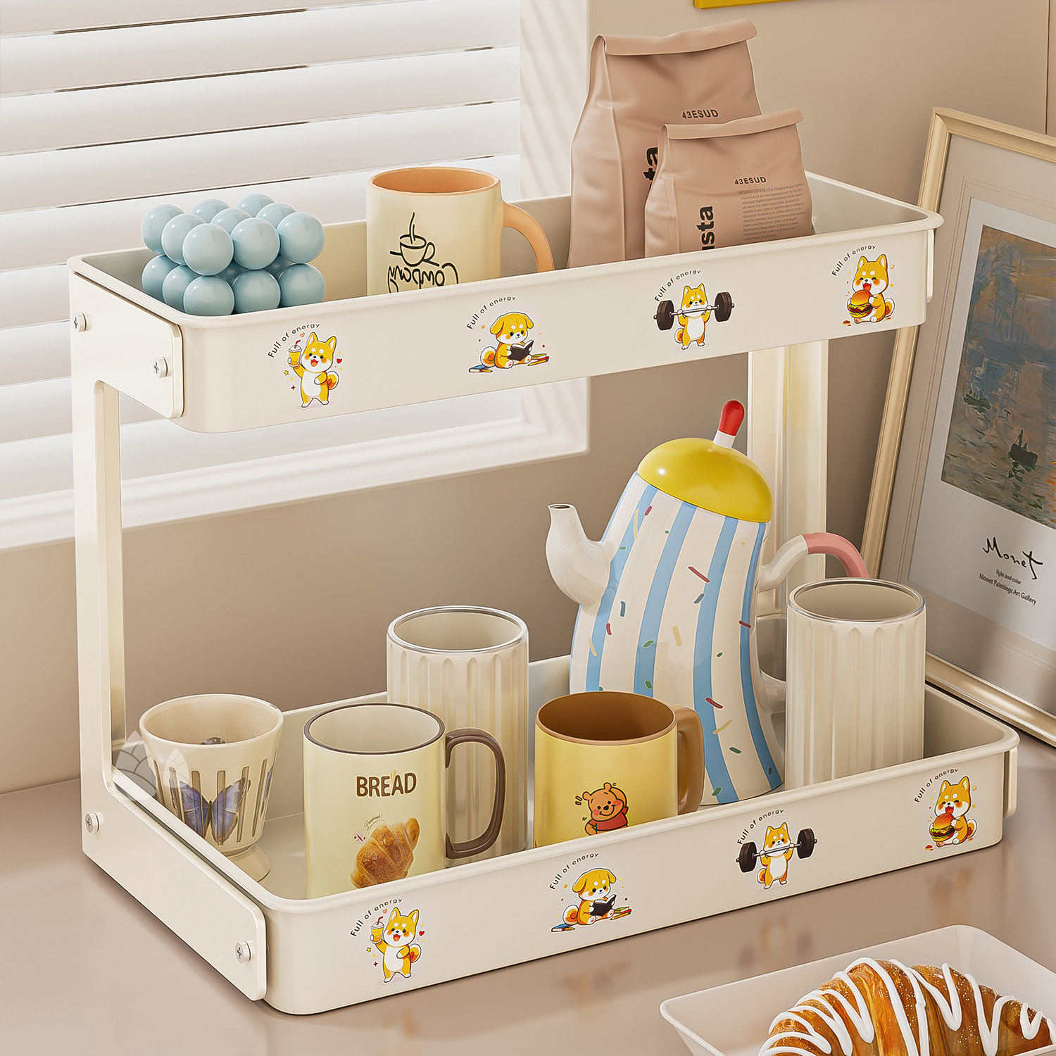 卡通水杯收纳置物架双层茶杯架茶具玄关收纳架家用桌面托盘放杯子